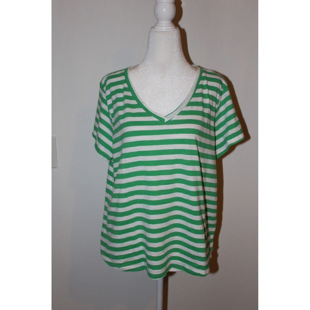Green White Striped V-Neck Everyday Tee PXL Petites Rugby